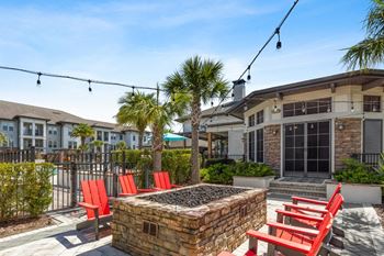 Patio with red chairs